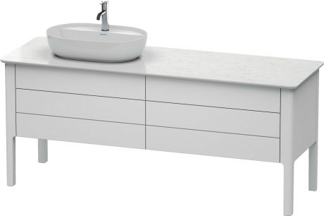 Meuble sous lavabo à poser pour plan de toilette, LU9568L3636 découpe pour siphon et cache métallique dans le tiroir du haut sous la céramique