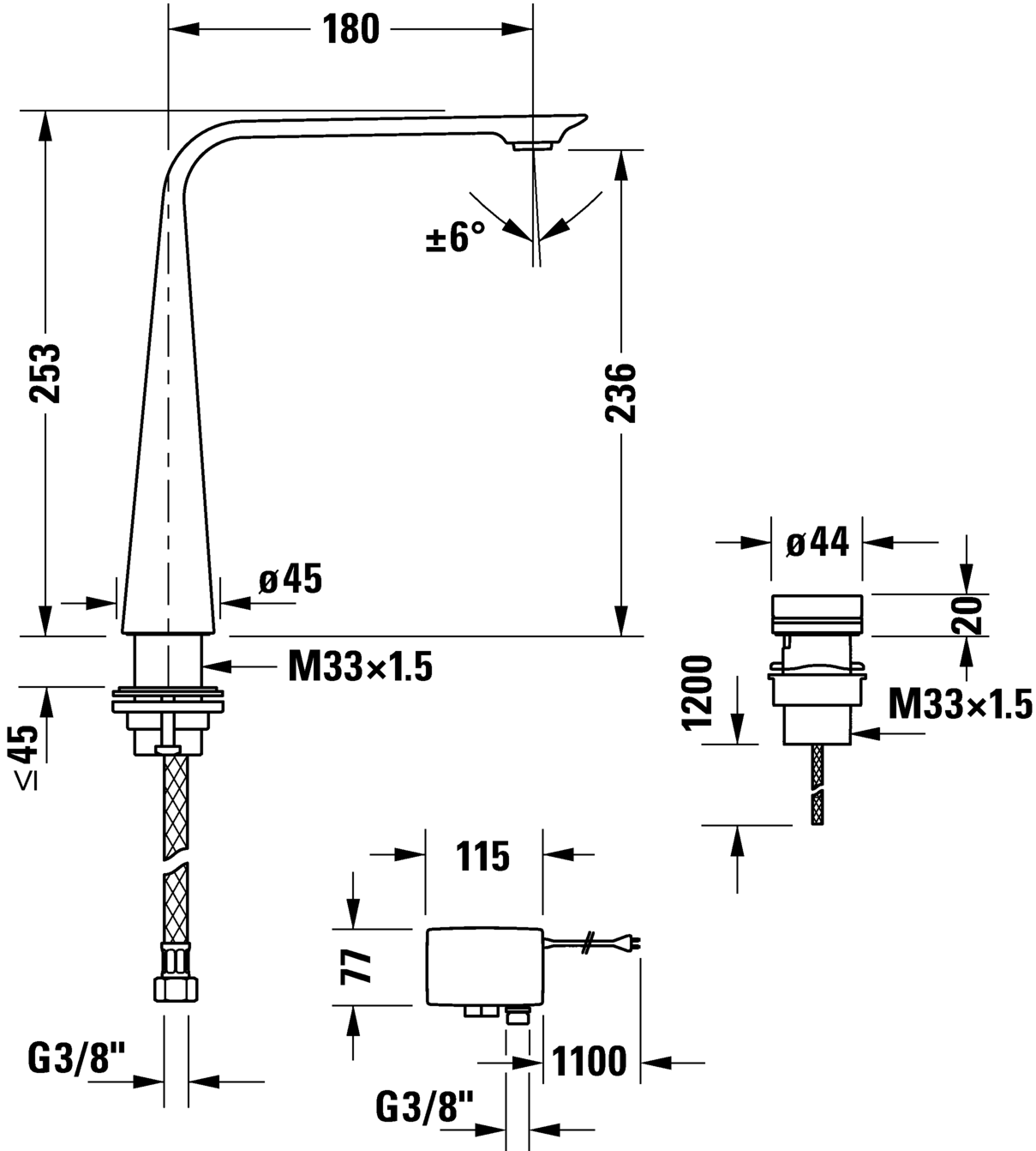 Robinetterie électronique de lavabo 2 trous avec alimentation par prise électrique XL, D11110007