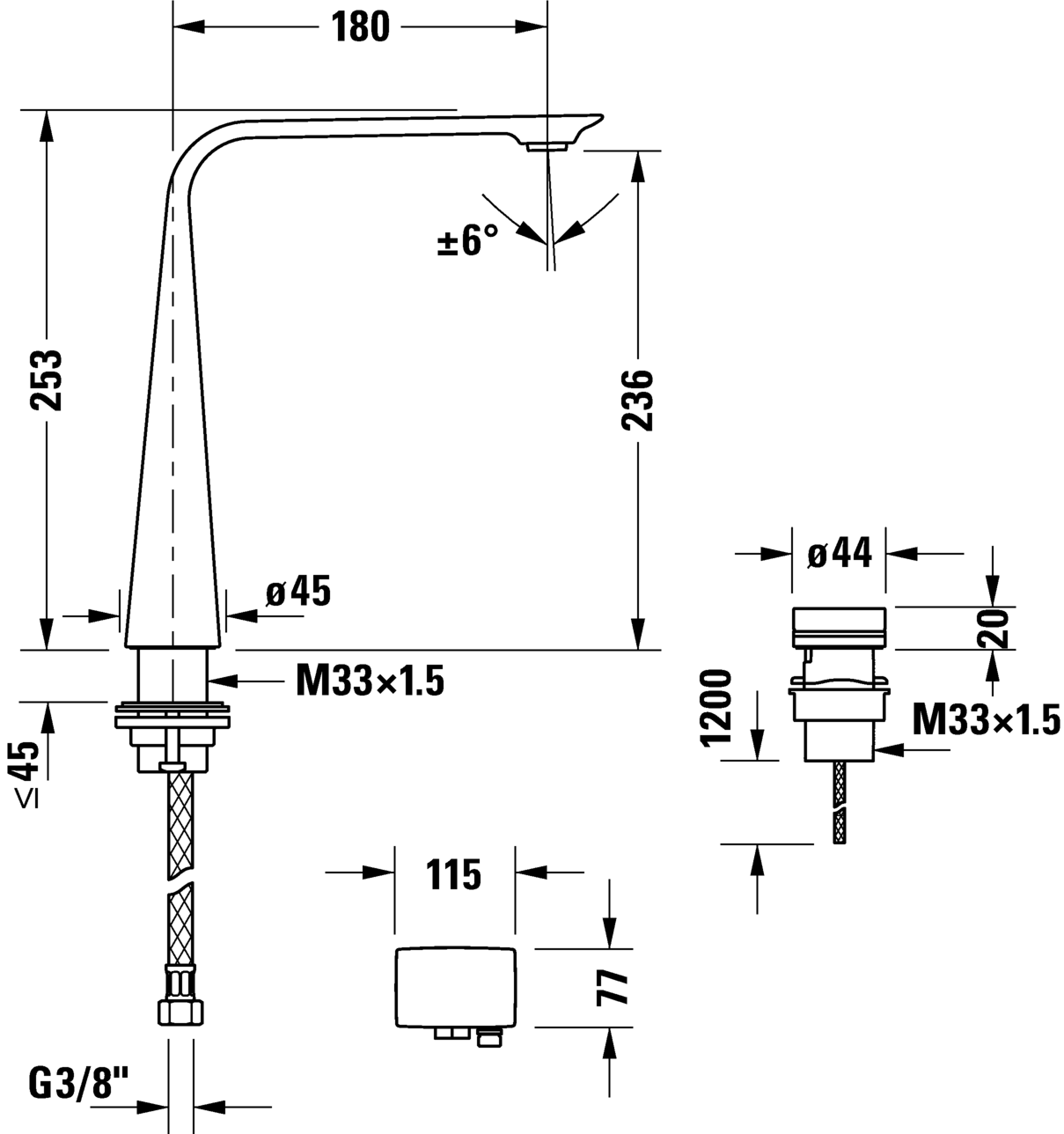 Robinetterie électronique de lavabo 2 trous avec alimentation encastrée XL, D11110008