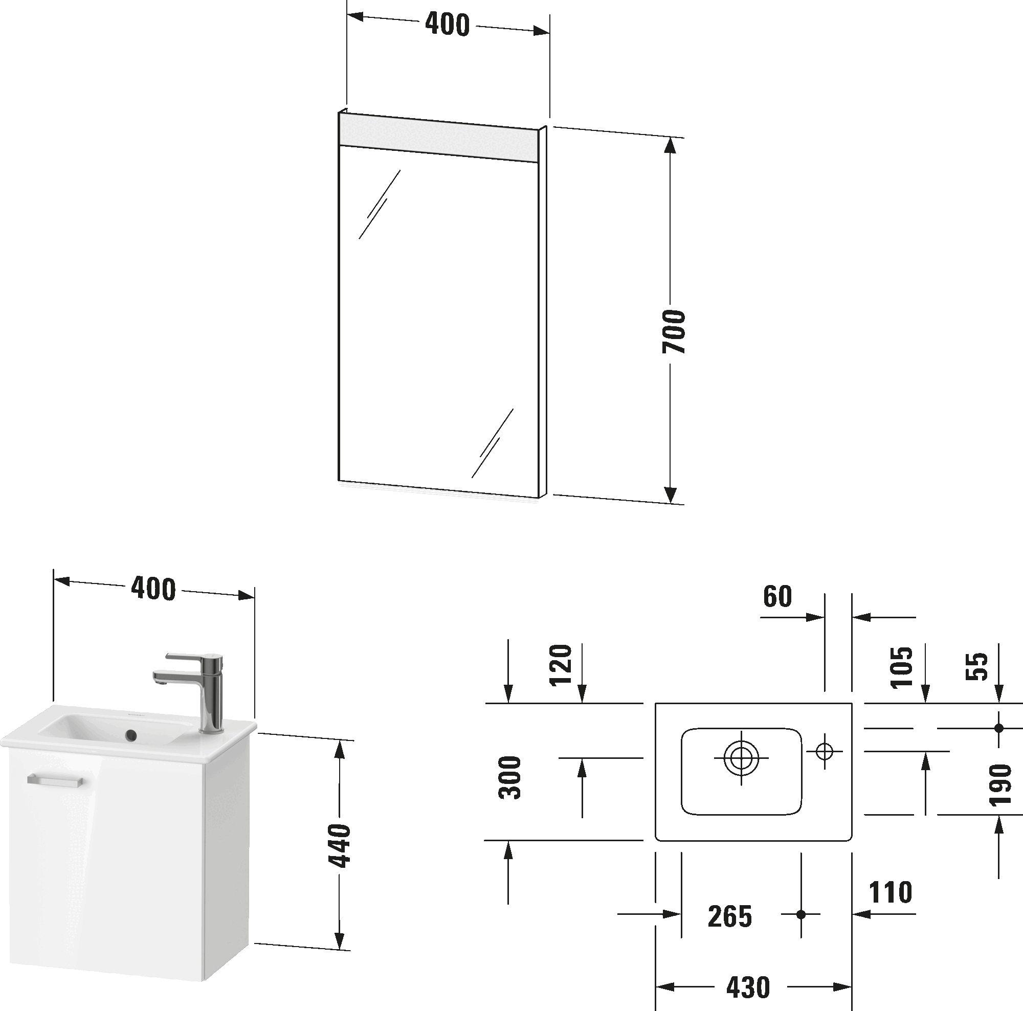Möbelwaschtisch mit Waschtischunterbau und Spiegel, XB0065 L/R