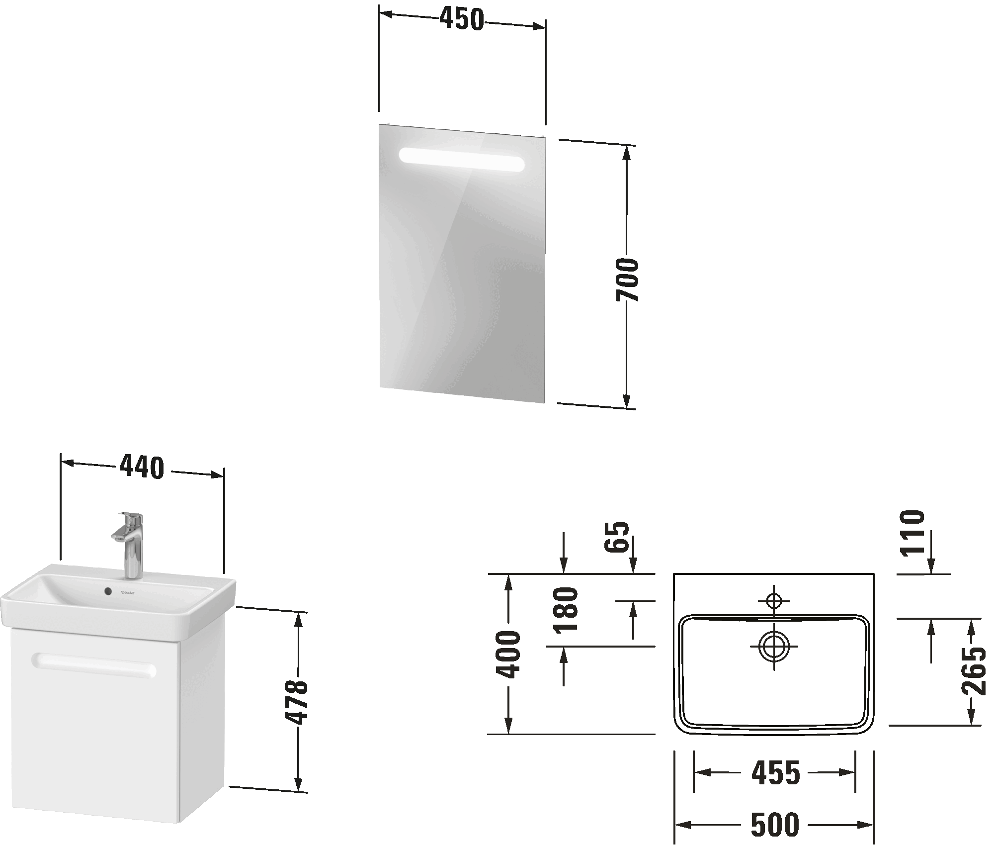 Möbelwaschtisch mit Waschtischunterbau und Spiegel, N10151 L/R