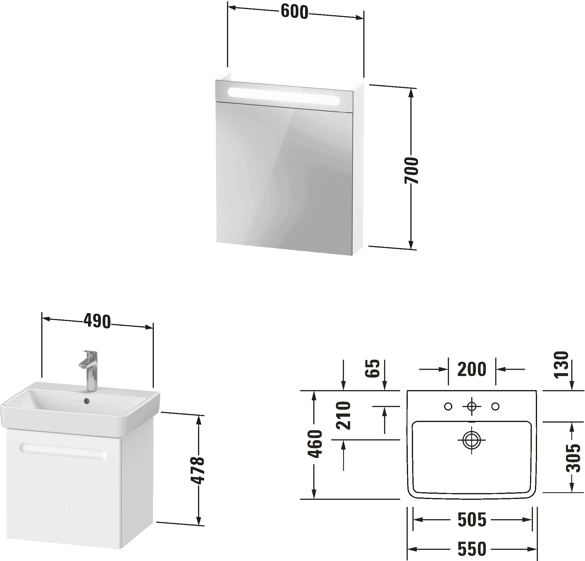 Möbelwaschtisch mit Waschtischunterbau und Spiegelschrank, N10163 L/R