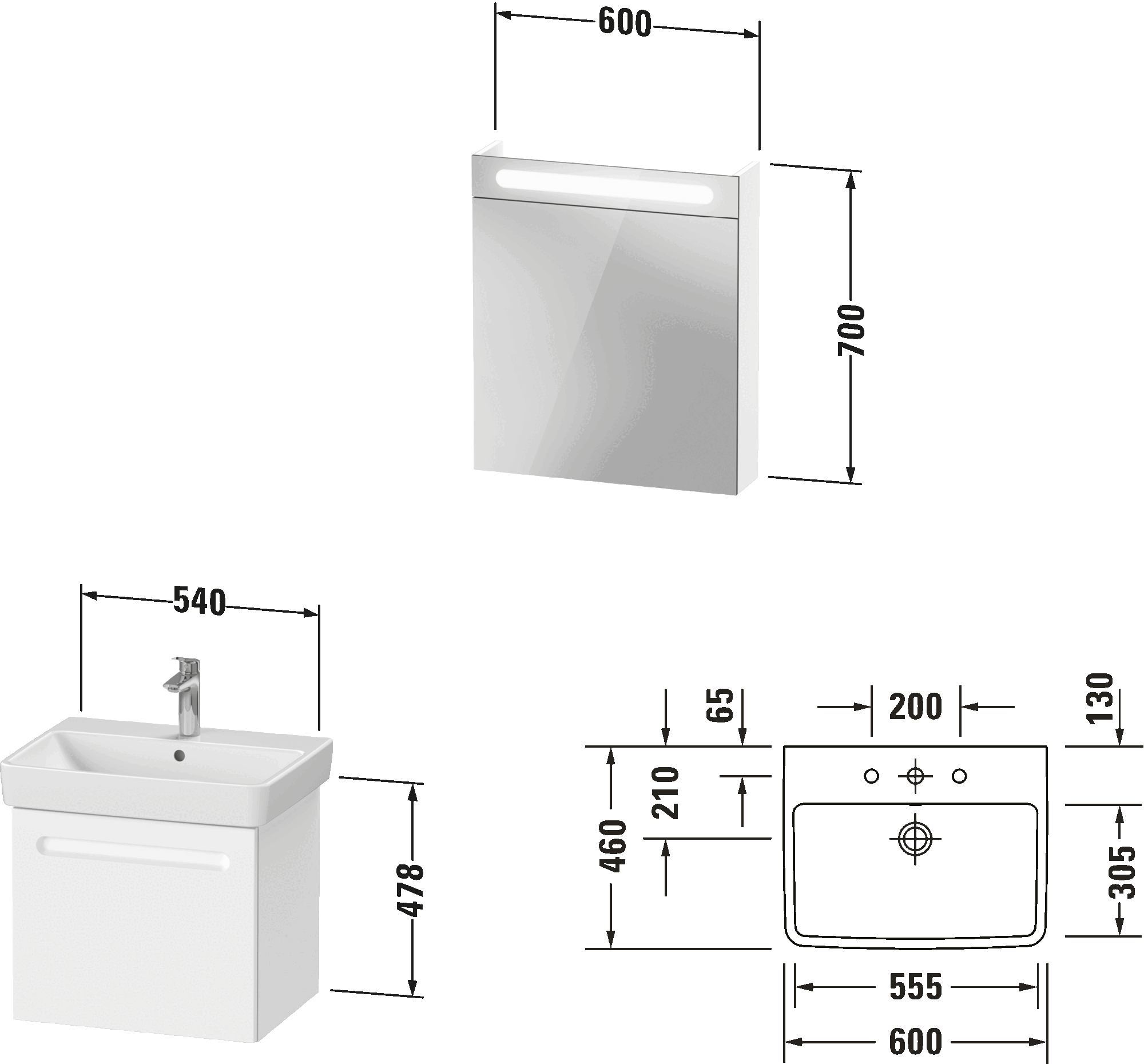 Möbelwaschtisch mit Waschtischunterbau und Spiegelschrank, N10165 L/R