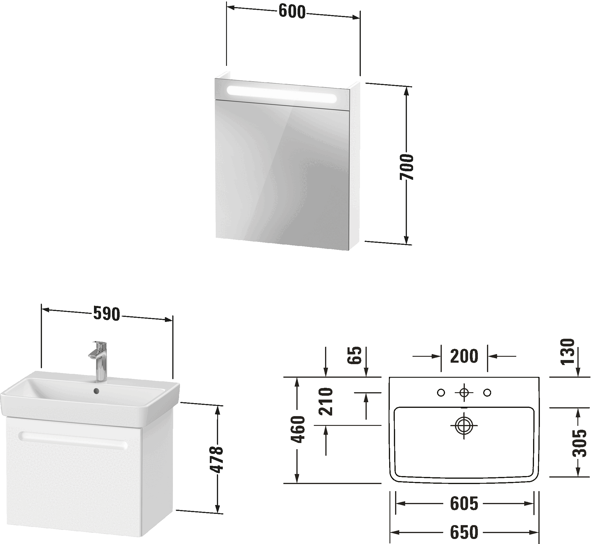 Möbelwaschtisch mit Waschtischunterbau und Spiegelschrank, N10167 L/R