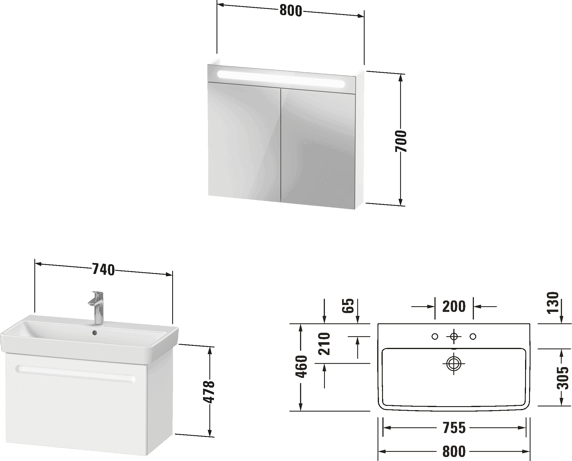 Möbelwaschtisch mit Waschtischunterbau und Spiegelschrank, N10169