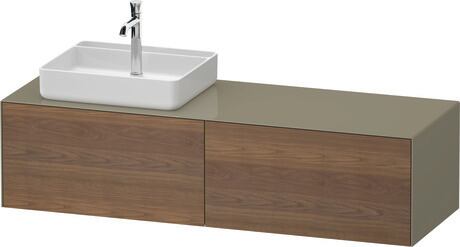 Console vanity unit wall-mounted, WT4864L77H27010 Front: American walnut Matt, Solid wood, Corpus: Stone grey High Gloss, Lacquer, Console: Stone grey High Gloss, Lacquer, Interior lighting: Integrated