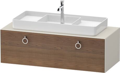 Console vanity unit wall-mounted, WT4982M77397010 Front: American walnut Matt, Solid wood, Corpus: Nordic white Satin Matt, Lacquer, Console: Nordic white Satin Matt, Lacquer, Interior lighting: Integrated