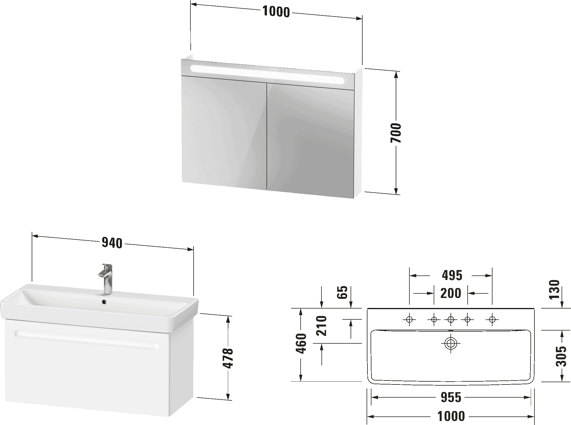 Möbelwaschtisch mit Waschtischunterbau und Spiegelschrank, N10184