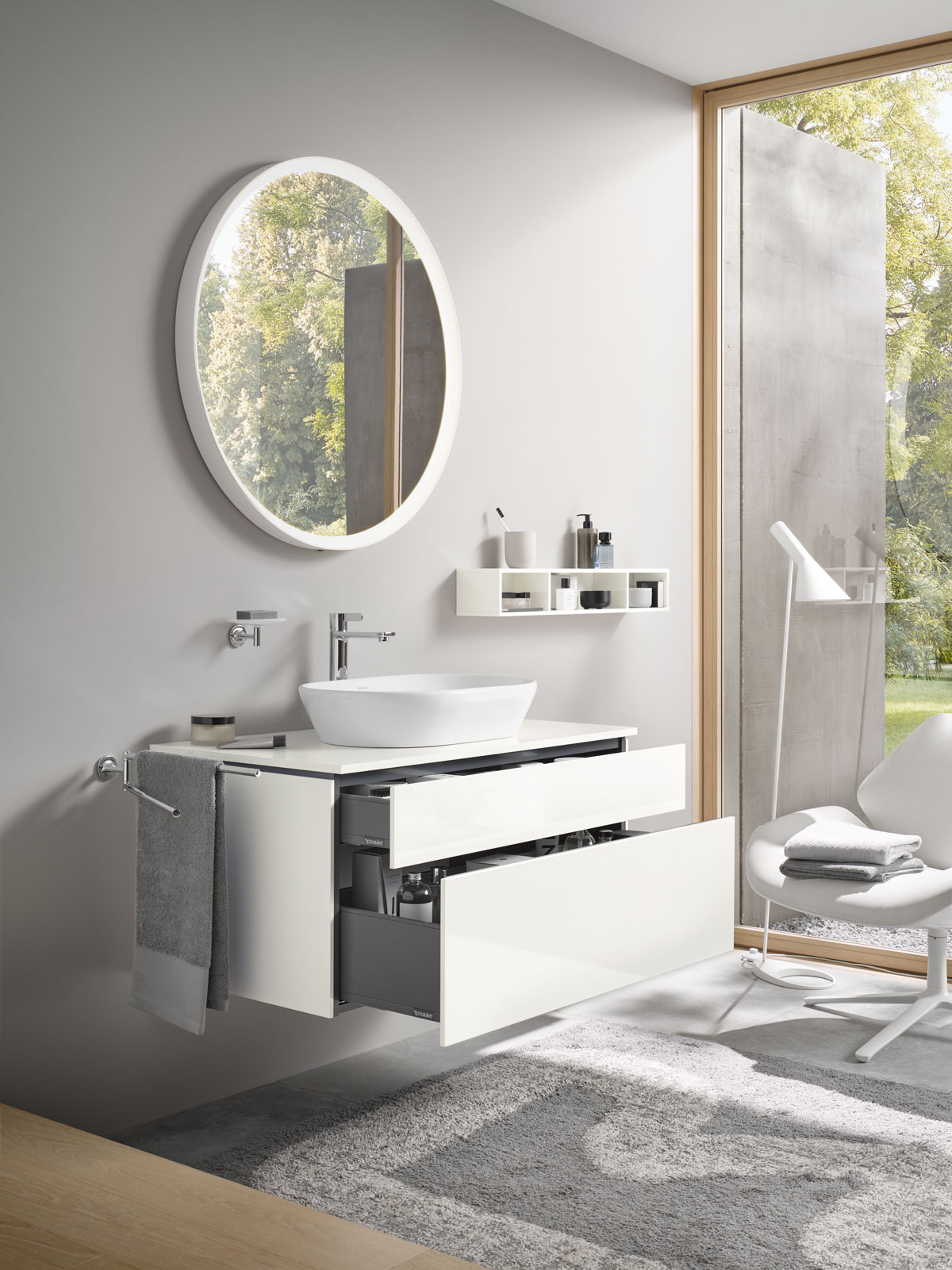 L-Cube furniture washbasin c-shaped and shelf element in white
