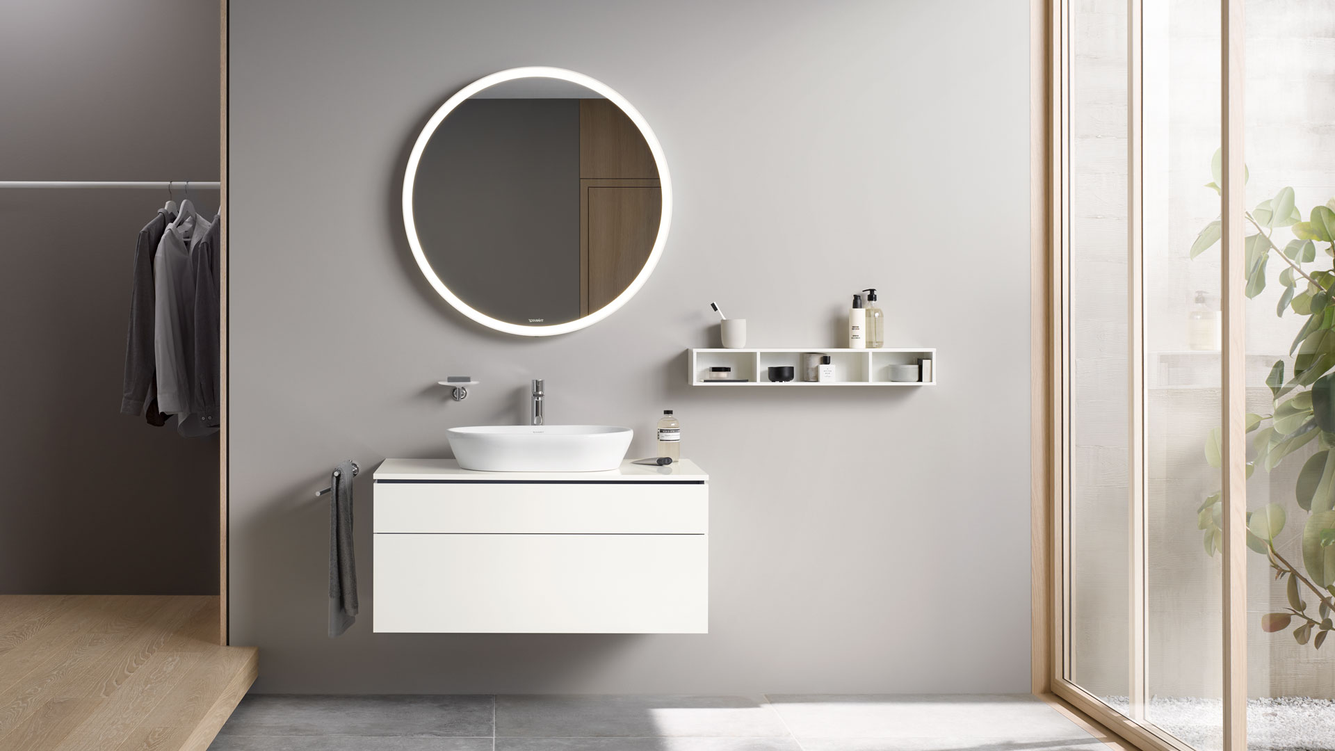 L-Cube furniture washbasin c-shaped, shelf element and mirror
