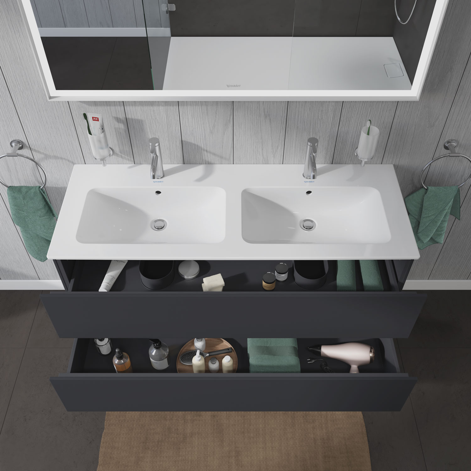 L-Cube double sink with open vanity drawers
