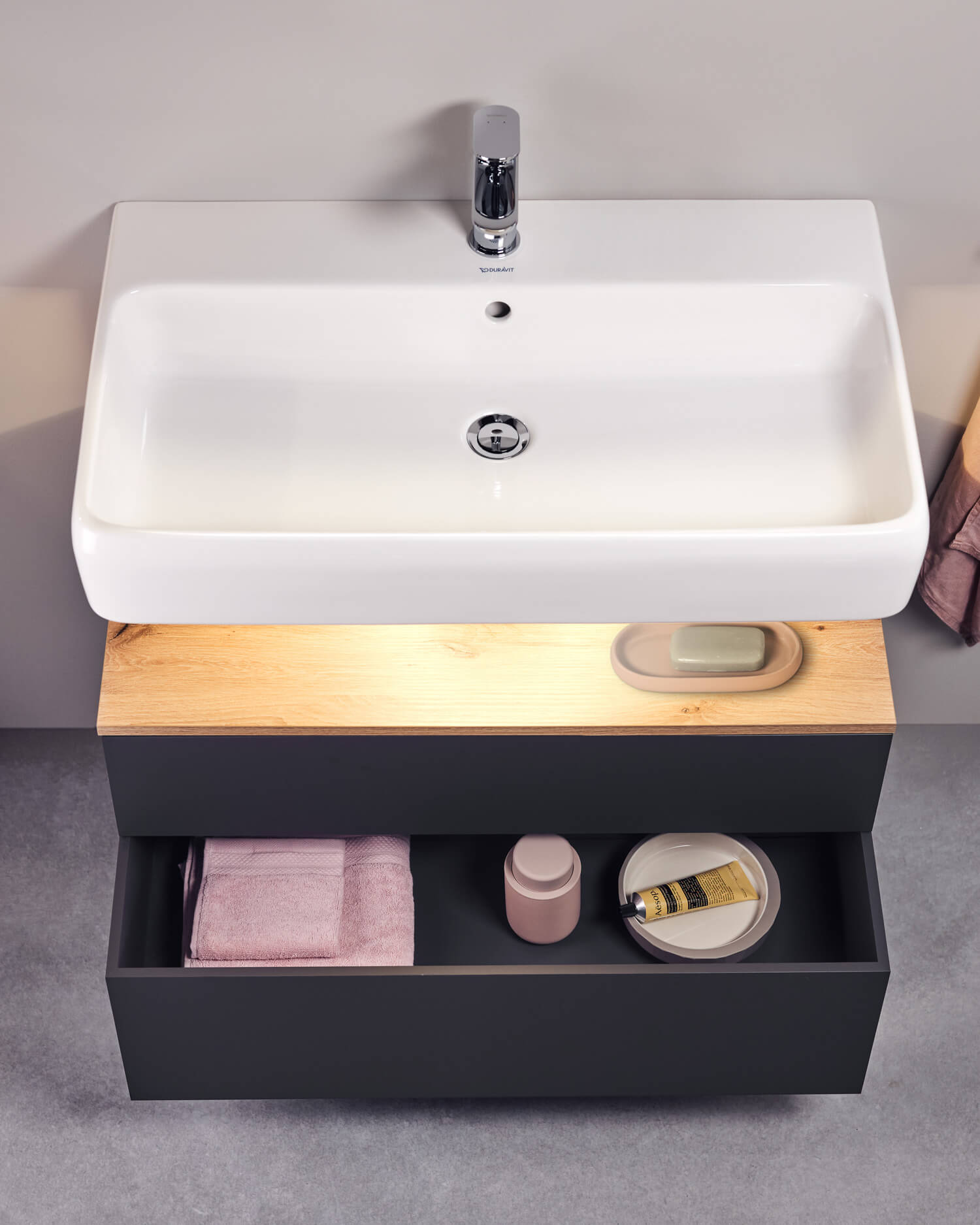 Wall mounted washbasin with washbasin vanity unit
