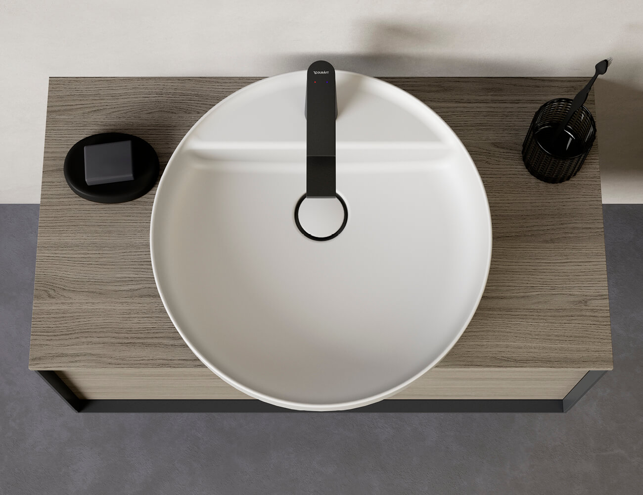 Straight console vanity units combined with round washbowl
