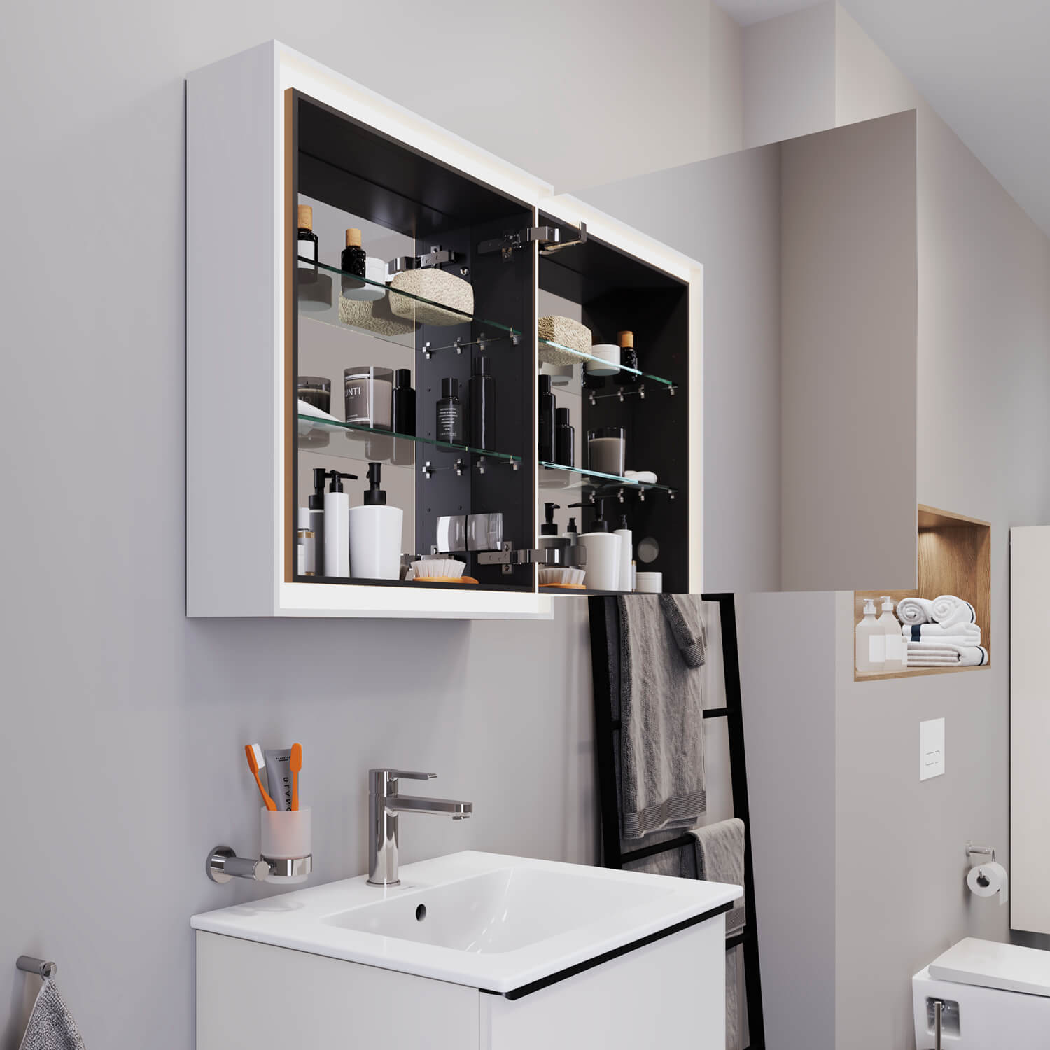 L-Cube mirror cabinet with many functions and additional storage space
