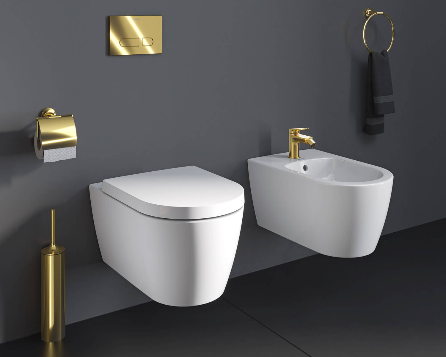 Toilet and bidet with Wave faucet in polished gold 
