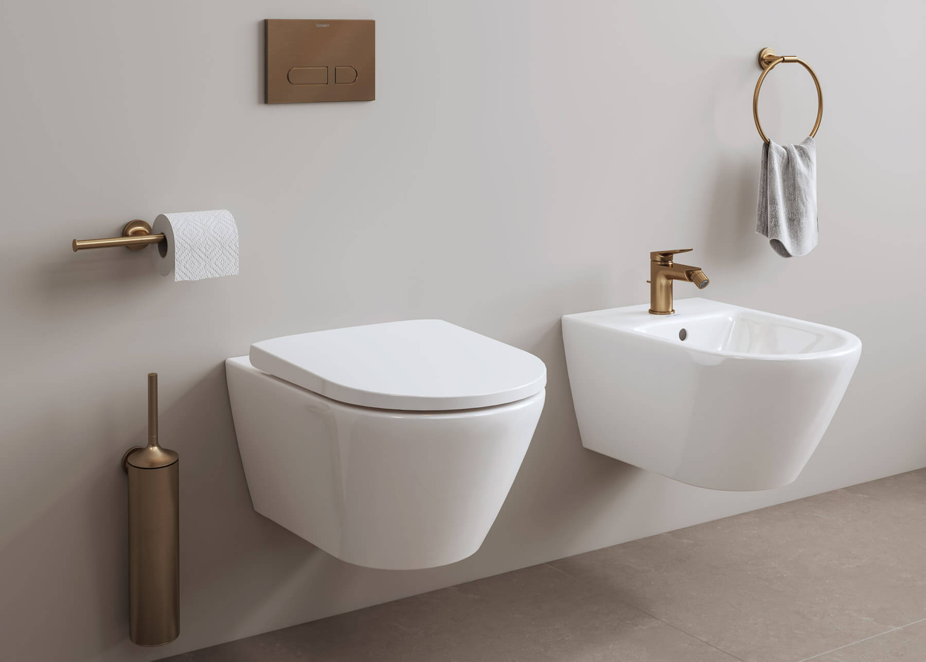 Bidet wall mounted with Wave bidet faucet in gold
