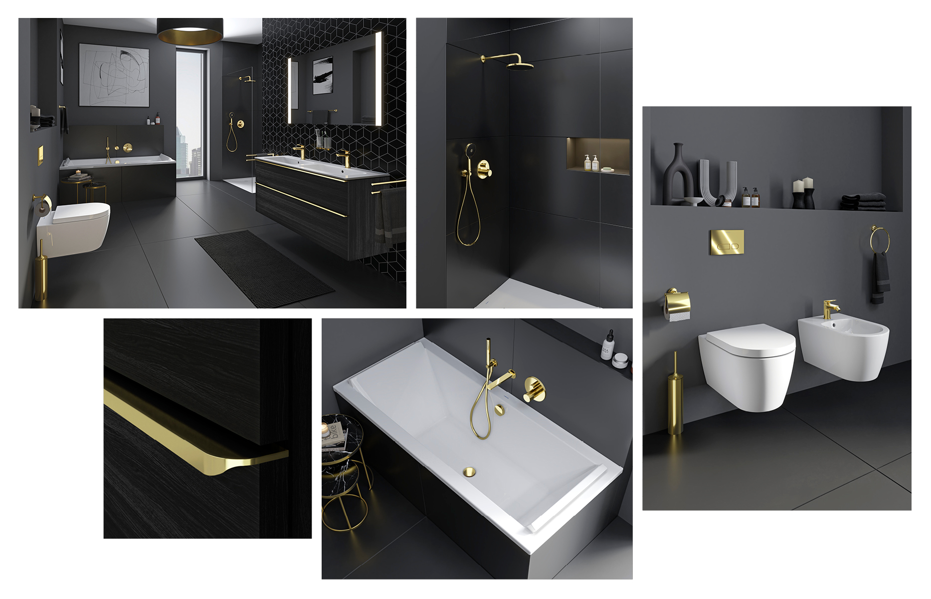 Duravit bathroom furniture with faucet and accessories in polished gold
